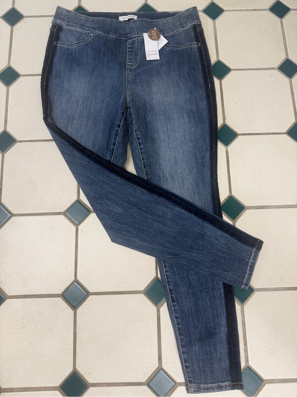 Lane Bryant Dark Blue Skinny Jeans with Black Velvet Side Stripe